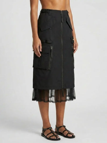 Cargo Zip Midi Skirt with Sheer Tulle Hem - Skirts