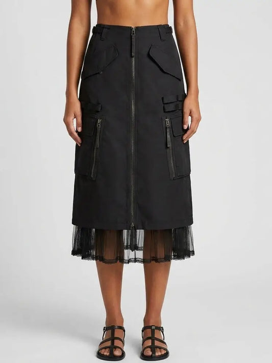 Cargo Zip Midi Skirt with Sheer Tulle Hem - Small / Black - Skirts