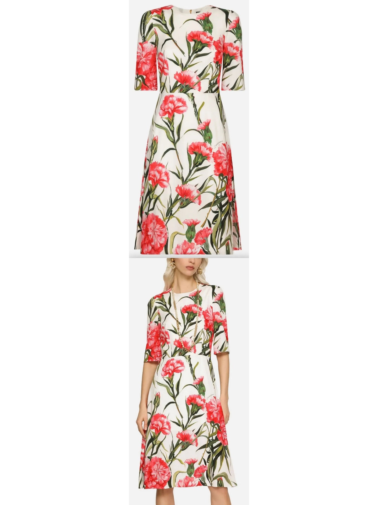 Carnation-Print Charmeuse Midi Dress - Branna Couture