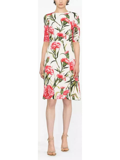 Carnation-Print Charmeuse Midi Dress - Branna Couture