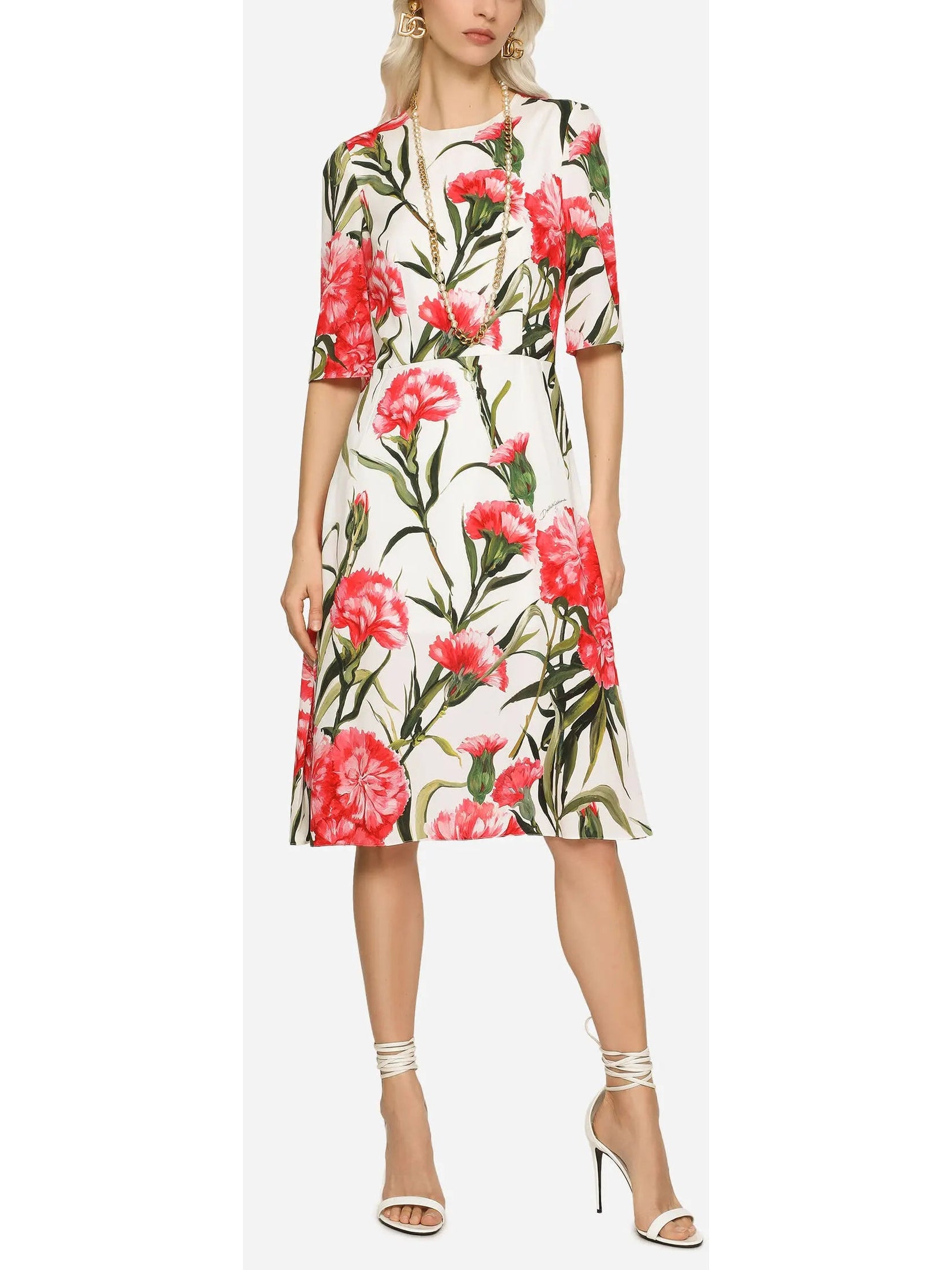 Carnation-Print Charmeuse Midi Dress - Branna Couture