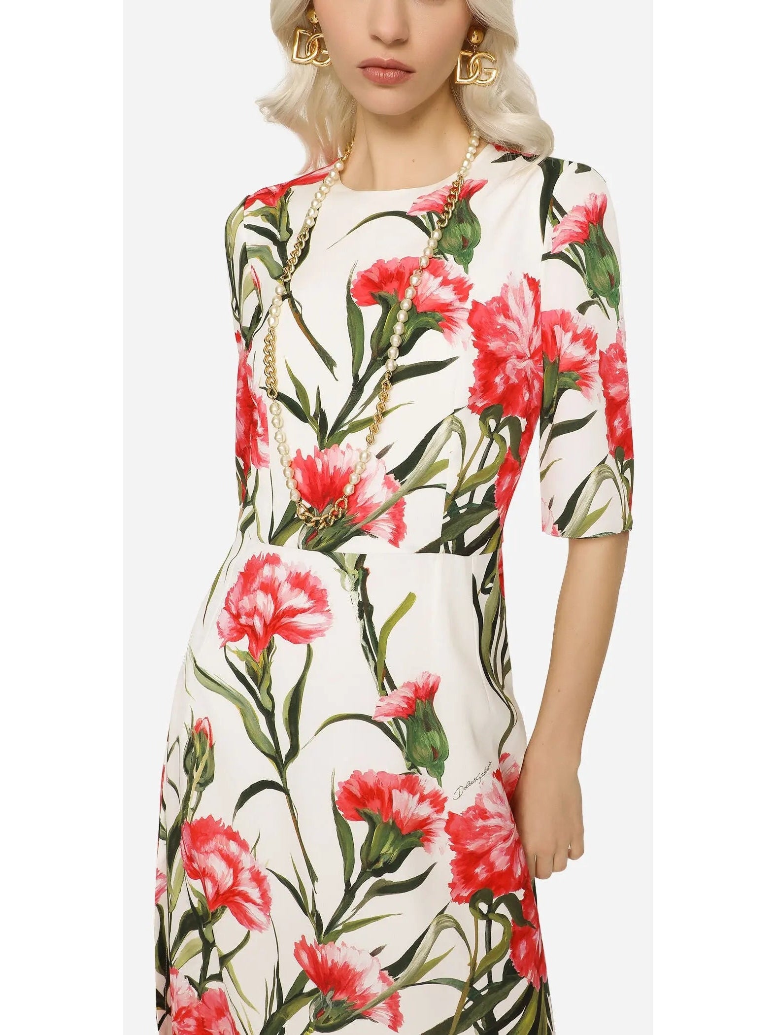 Carnation-Print Charmeuse Midi Dress - Branna Couture