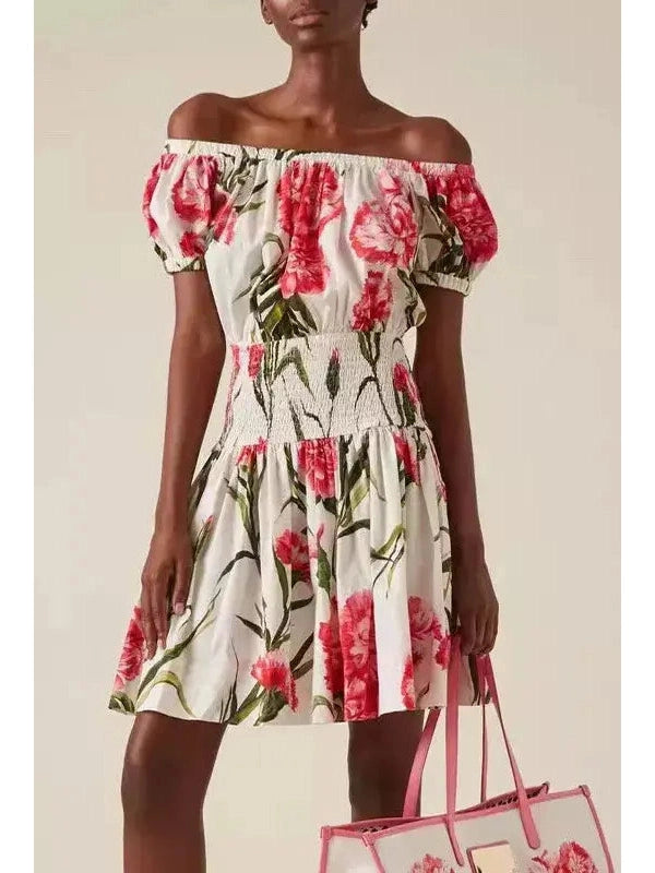 Carnation Print Off-The-Shoulder Mini Dress - Branna Couture