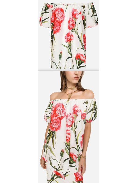 Carnation-Print Poplin Off-Shoulder Blouse - Branna Couture