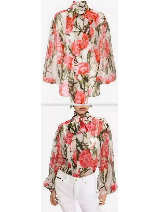 Carnation-Print Silk Blouse - Branna Couture