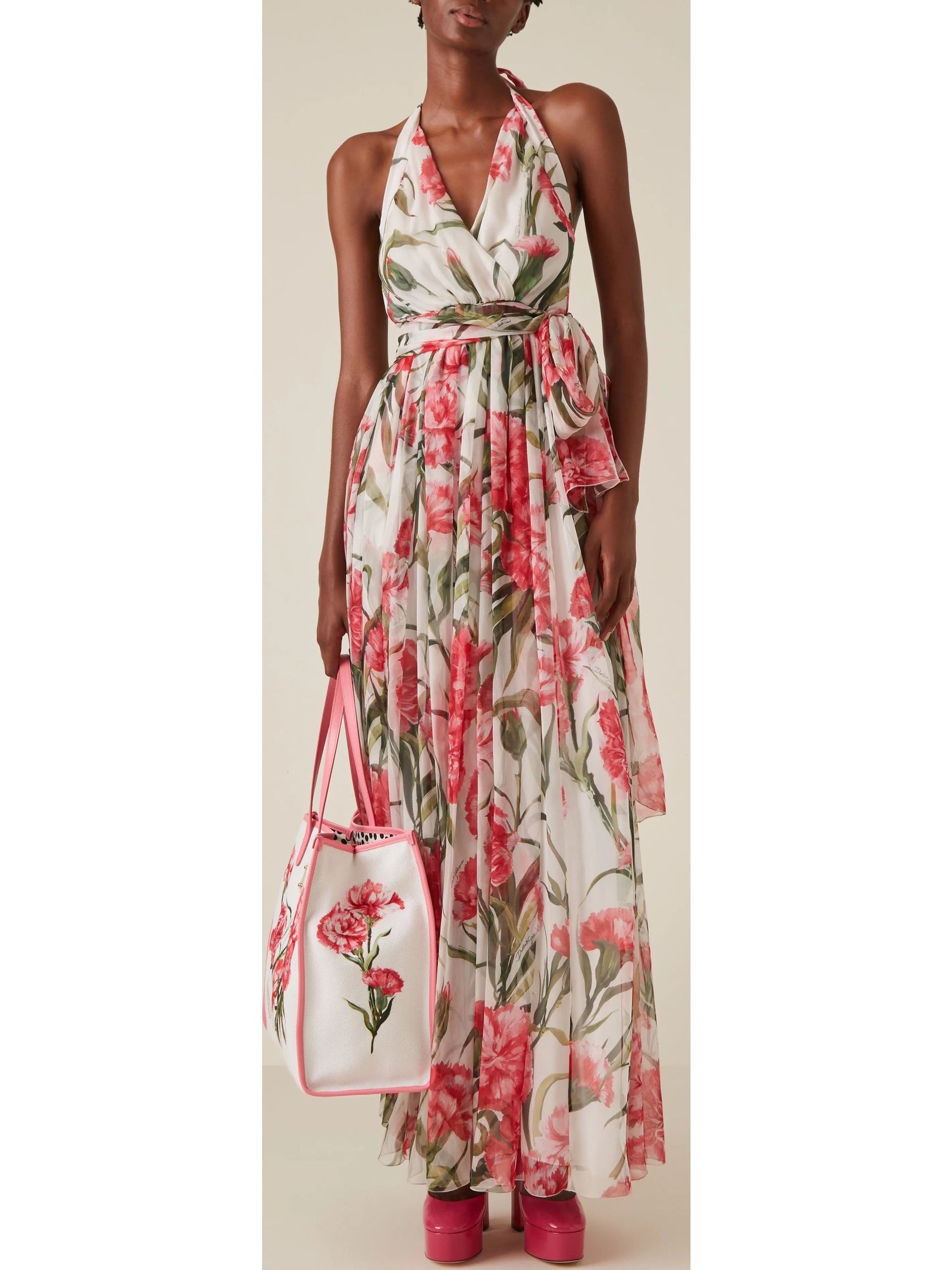 Carnation-Print Silk Chiffon Maxi Halter Dress - Branna Couture