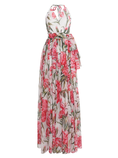 Carnation-Print Silk Chiffon Maxi Halter Dress - Branna Couture