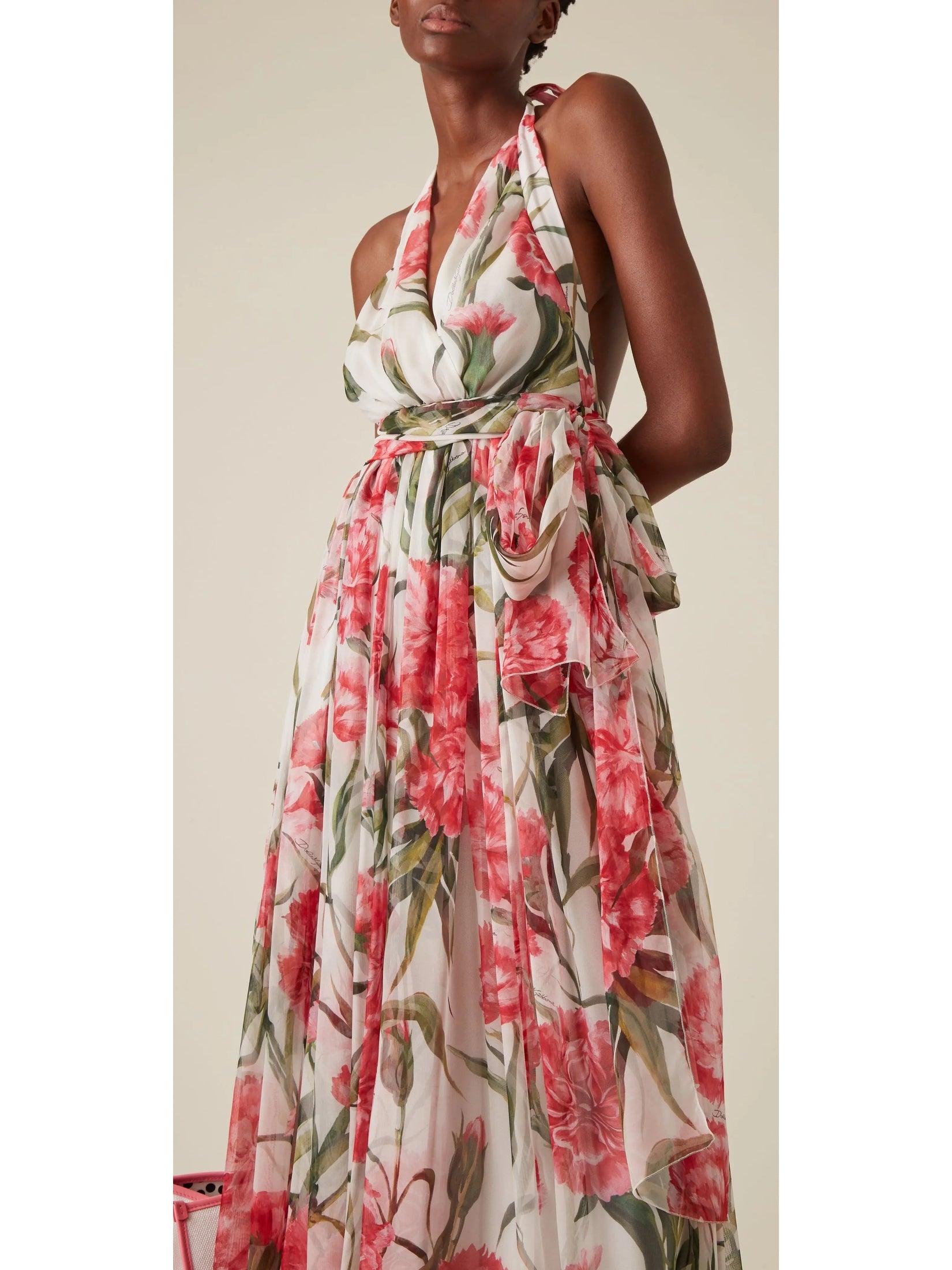 Carnation-Print Silk Chiffon Maxi Halter Dress - Branna Couture