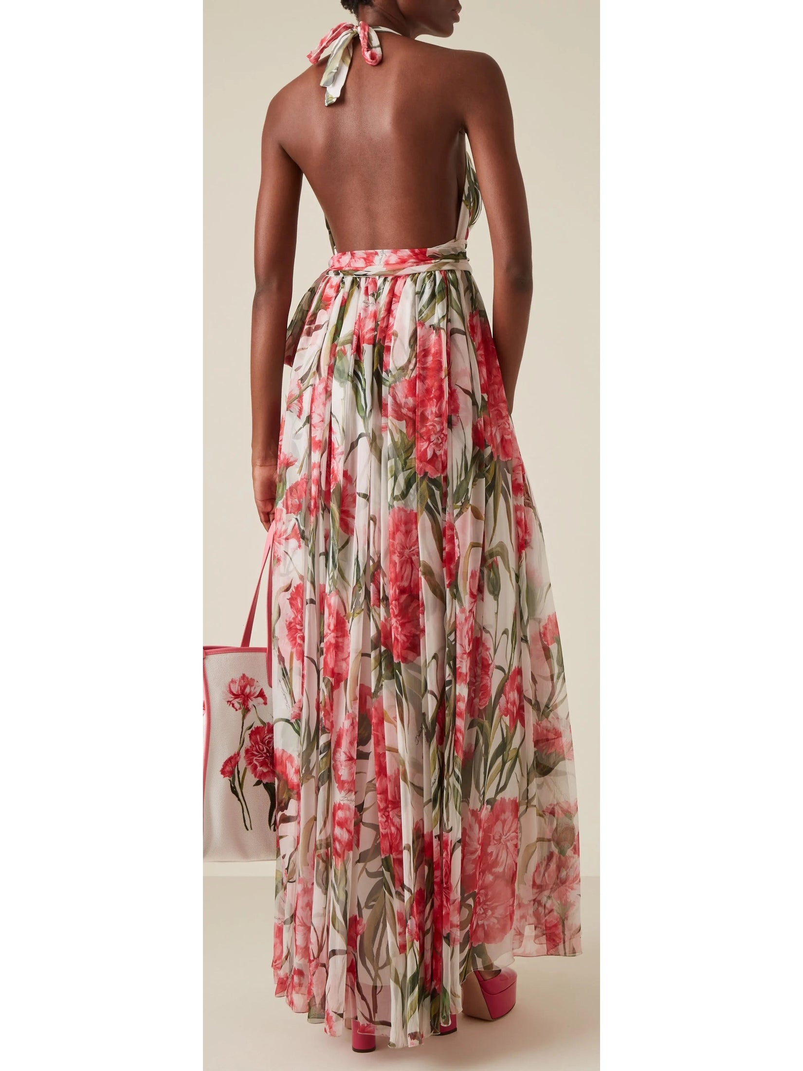 Carnation-Print Silk Chiffon Maxi Halter Dress - Branna Couture