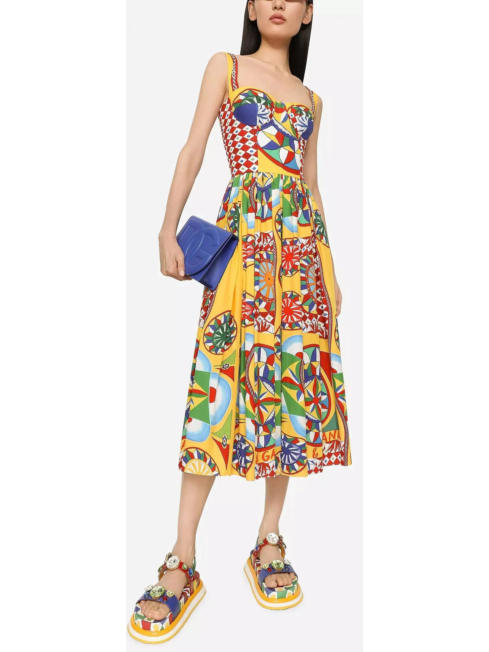 Carretto Print Calf-Length Bustier Poplin Dress - Branna Couture