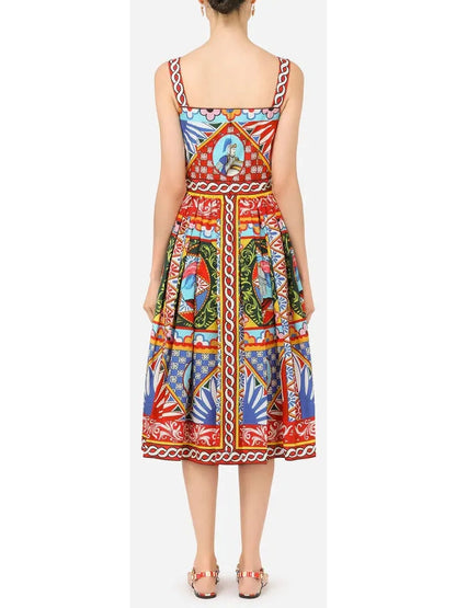 Carretto Print Poplin Calf-Length Dress - Branna Couture