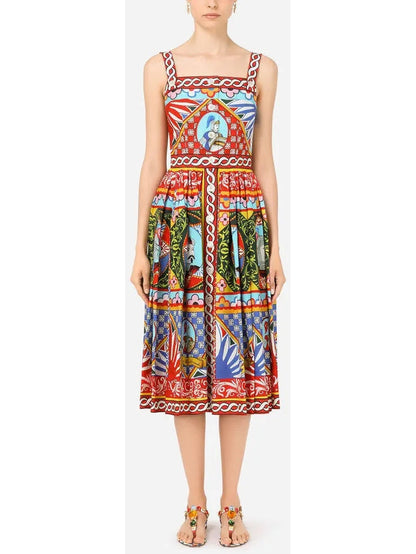 Carretto Print Poplin Calf-Length Dress - Branna Couture