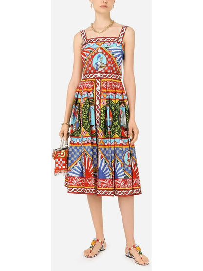 Carretto Print Poplin Calf-Length Dress - Branna Couture