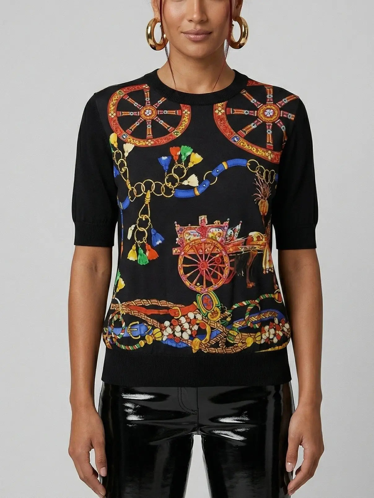 Carriage Print Silk and Wool Knit Top - S / Black - Tops