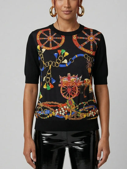 Carriage Print Silk and Wool Knit Top - S / Black - Tops