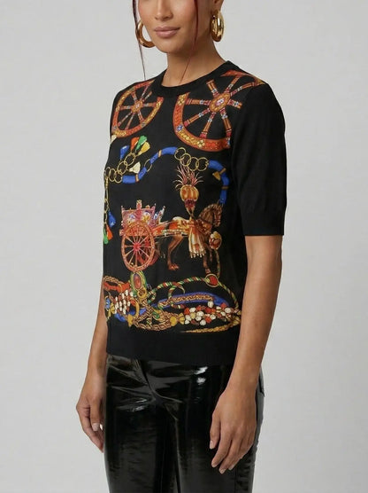 Carriage Print Silk and Wool Knit Top - Tops