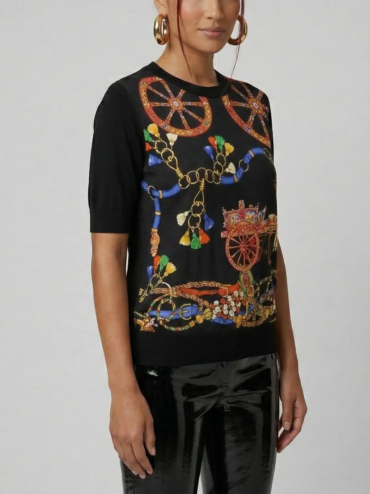 Carriage Print Silk and Wool Knit Top - Tops