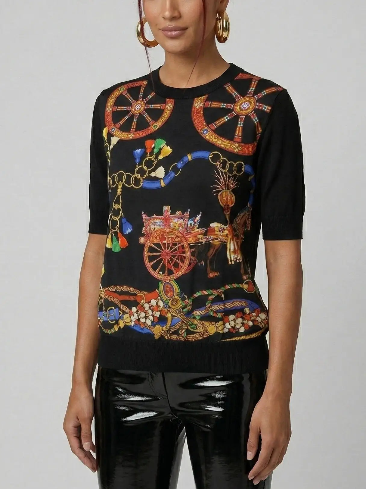 Carriage Print Silk and Wool Knit Top - Tops