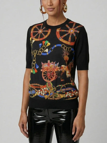 Carriage Print Silk and Wool Knit Top - Tops