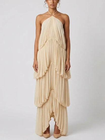 Cascading Draped Backless Halter Maxi Dress - Small - Dresses