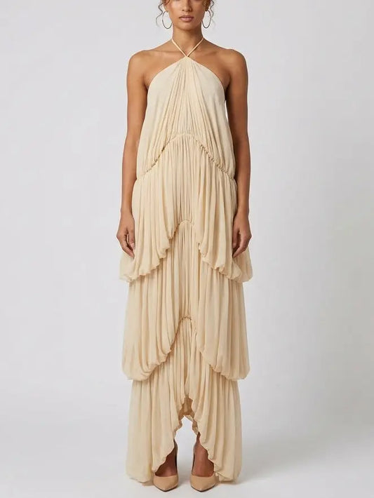 Cascading Draped Backless Halter Maxi Dress - Small - Dresses