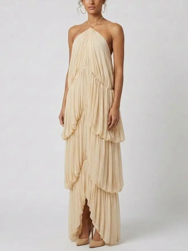 Cascading Draped Backless Halter Maxi Dress - Dresses