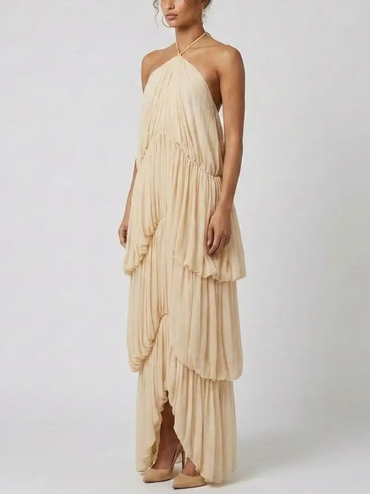 Cascading Draped Backless Halter Maxi Dress - Dresses
