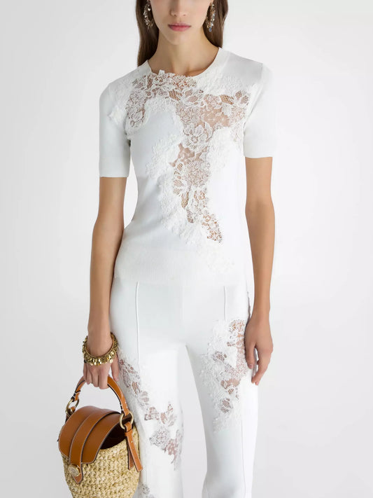 Cashmere-Blend Lace-Embroidered Short-Sleeve Sweater in White - Branna Couture