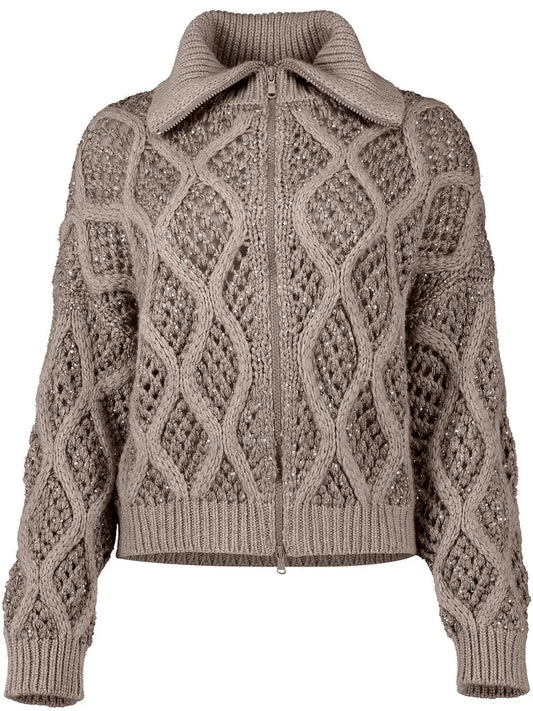 Cashmere Cable and Net Zip-Up Cardigan with Sequin Details - Branna Couture