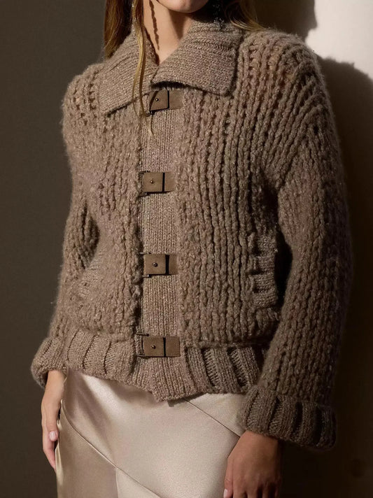 Cashmere Knit Cardigan with Suede Buckle Tab Closure - Branna Couture