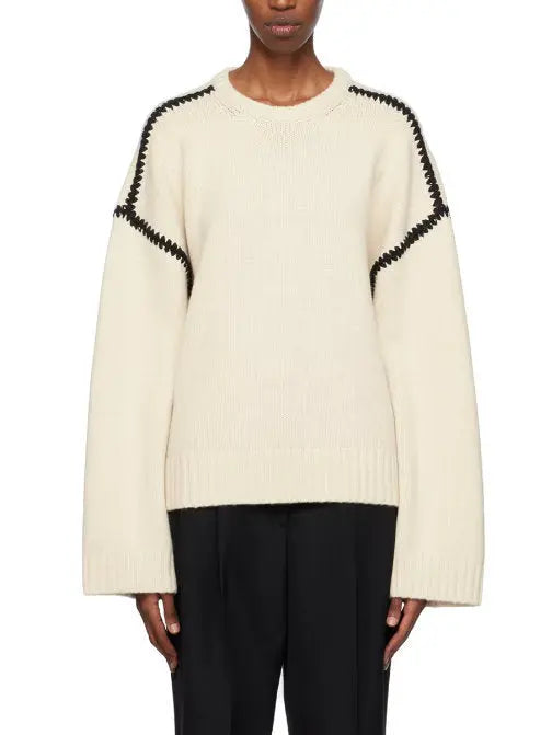 Cashmere and Wool Stitch Contrast Sweater in White - Branna Couture