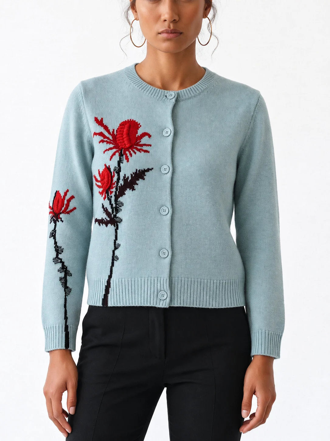Cashmere Floral Motif Button Front Cardigan - Small - Sweaters & Knitwear