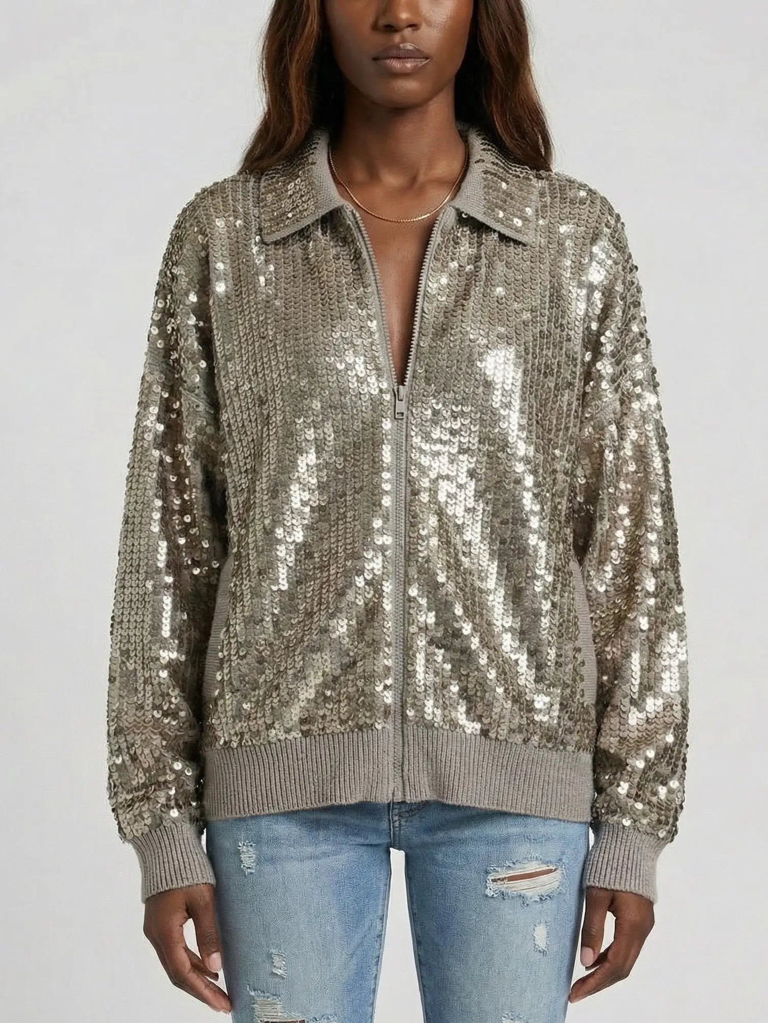 Cashmere Knit Zip-Front Jacket with Metallic Sequins - Small - Jackets