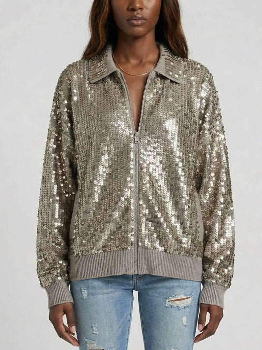Cashmere Knit Zip-Front Jacket with Metallic Sequins - Small - Jackets
