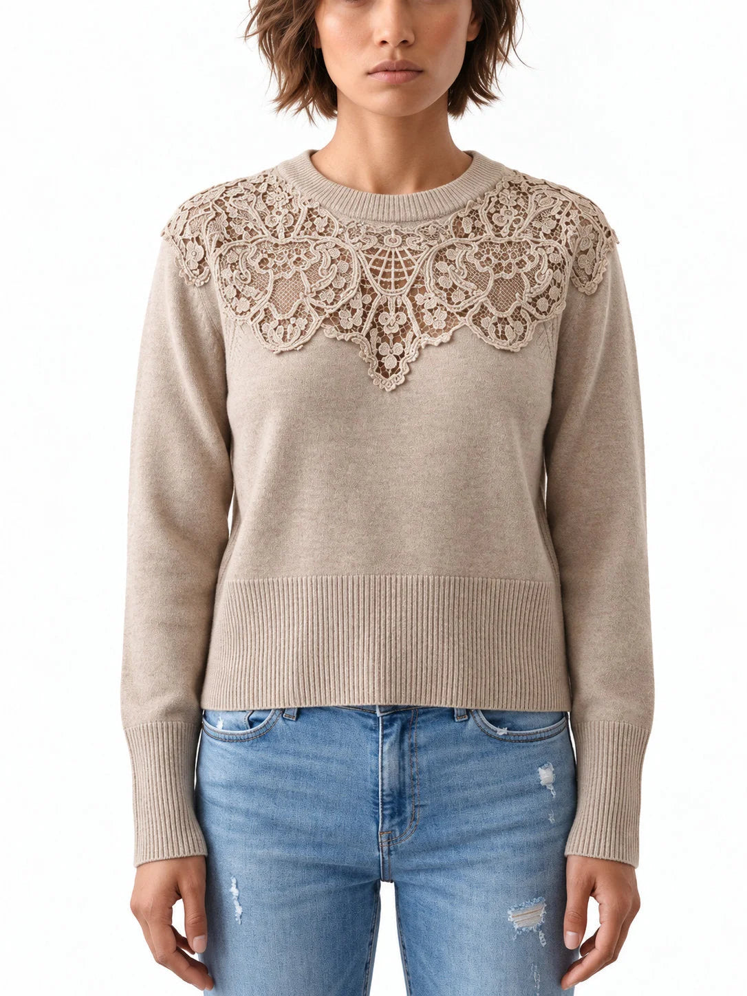 Cashmere Sweater with Floral Lace Yoke - Small / Beige - Sweaters & Knitwear