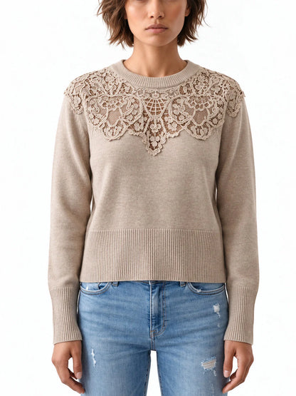 Cashmere Sweater with Floral Lace Yoke - Small / Beige - Sweaters & Knitwear