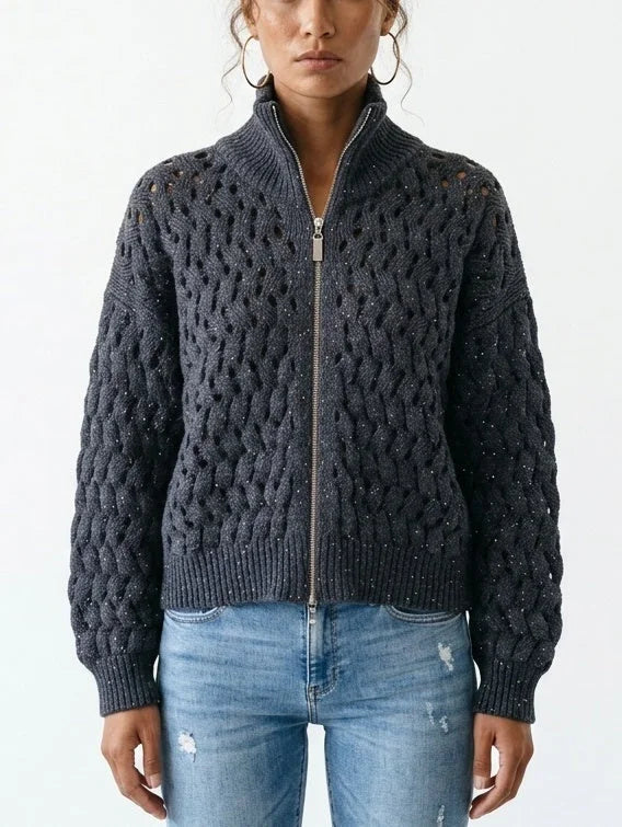 Cashmere Wool Blend Open Knit Zip Front Sweater - Small / Grey - Sweaters & Knitwear