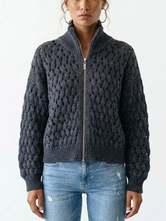 Cashmere Wool Blend Open Knit Zip Front Sweater - Small / Grey - Sweaters & Knitwear