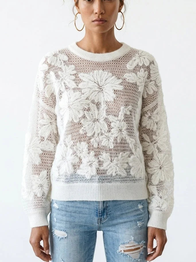Cashmere Wool Blend Openwork Floral Knit Sweater - Small / White - Sweaters & Knitwear