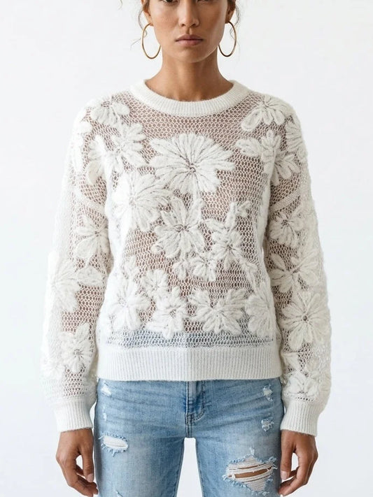 Cashmere Wool Blend Openwork Floral Knit Sweater - Small / White - Sweaters & Knitwear