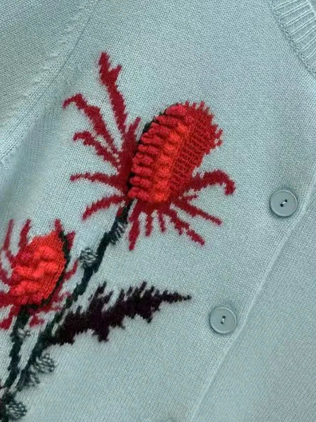 Cashmere Floral Motif Button Front Cardigan - Sweaters & Knitwear