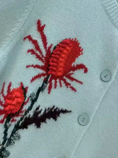 Cashmere Floral Motif Button Front Cardigan - Sweaters & Knitwear