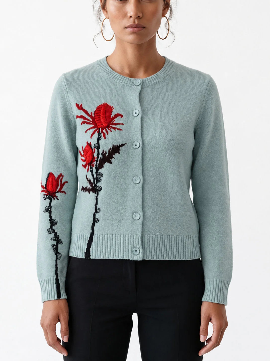 Cashmere Floral Motif Button Front Cardigan - Sweaters & Knitwear