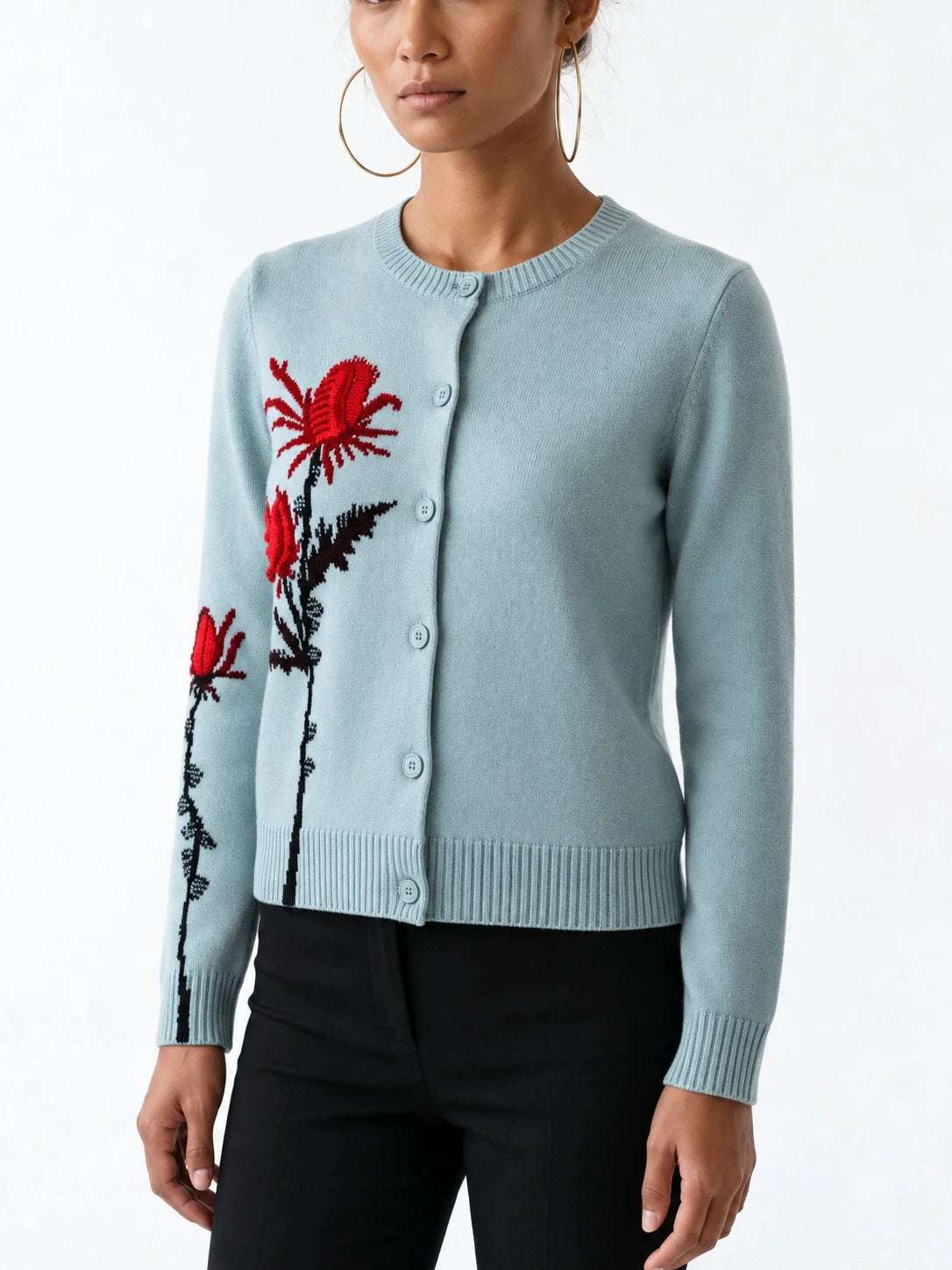 Cashmere Floral Motif Button Front Cardigan - Sweaters & Knitwear