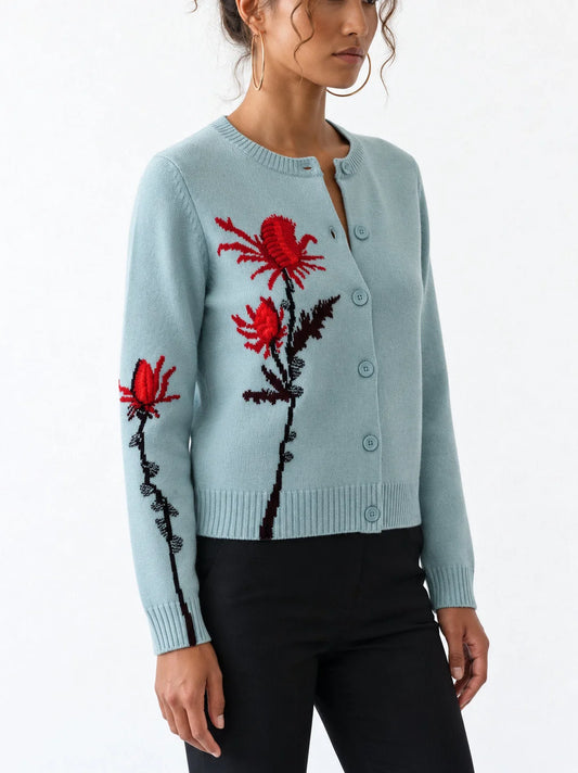 Cashmere Floral Motif Button Front Cardigan - Sweaters & Knitwear