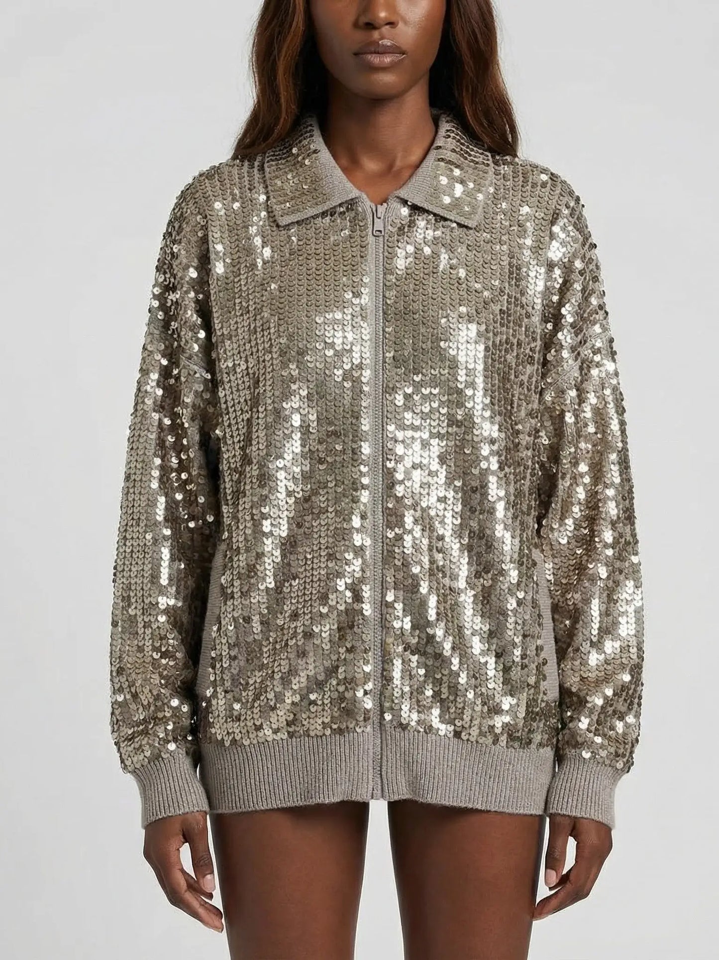 Cashmere Knit Zip-Front Jacket with Metallic Sequins - Jackets
