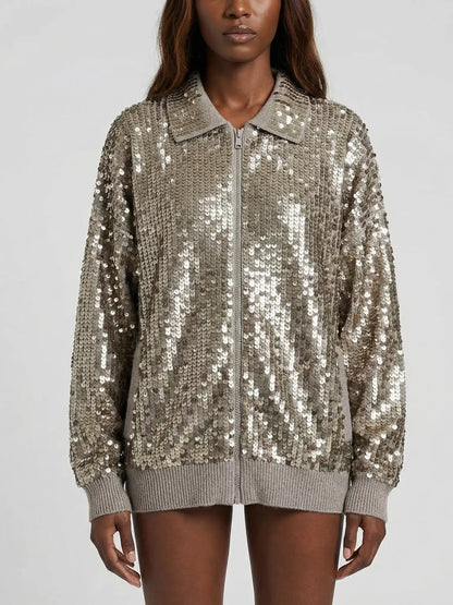 Cashmere Knit Zip-Front Jacket with Metallic Sequins - Jackets