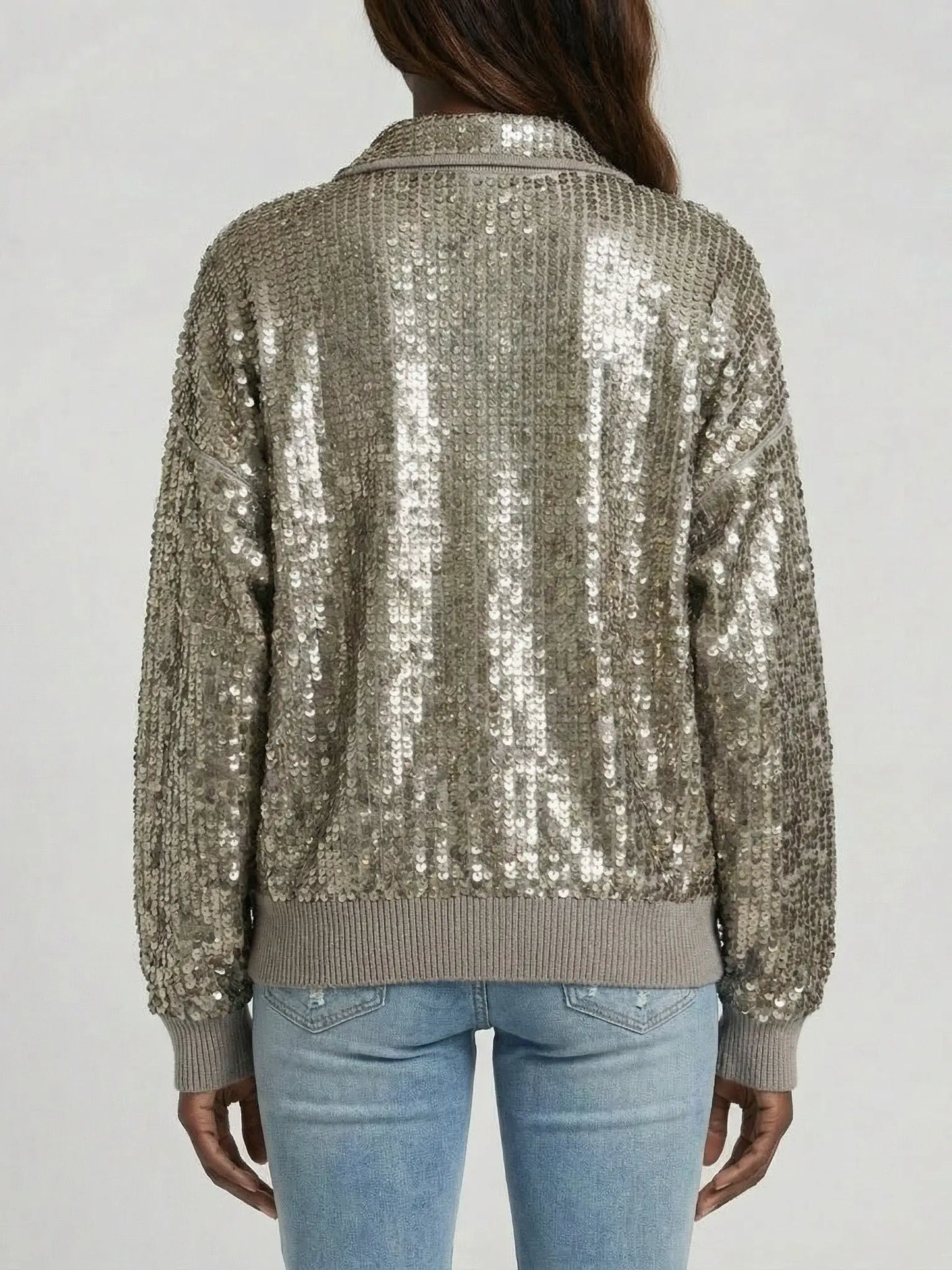 Cashmere Knit Zip-Front Jacket with Metallic Sequins - Jackets