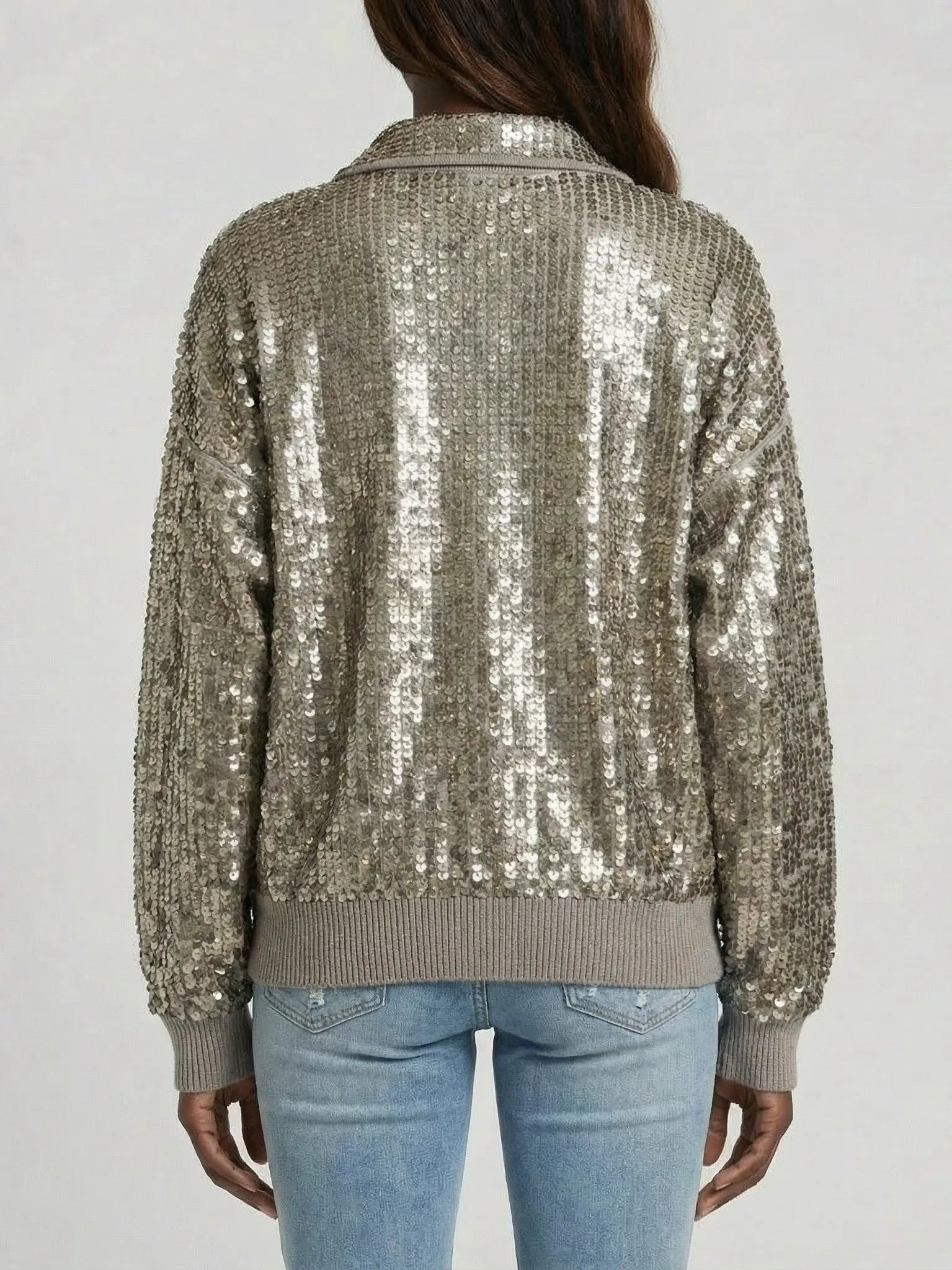 Cashmere Knit Zip-Front Jacket with Metallic Sequins - Jackets