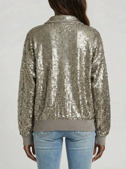 Cashmere Knit Zip-Front Jacket with Metallic Sequins - Jackets